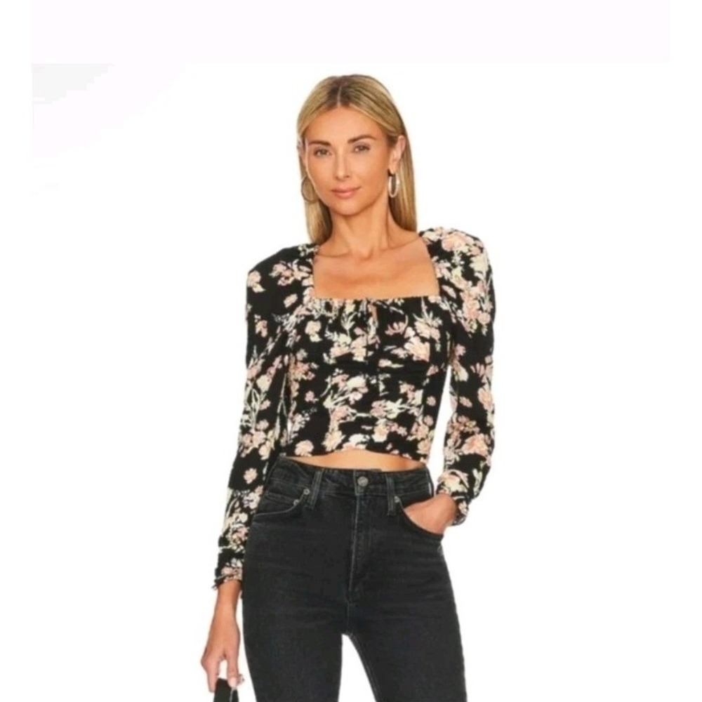 NWT $98 Free People Hilary‎ Printed Top Black Combo Women's Size Medium Tie Back